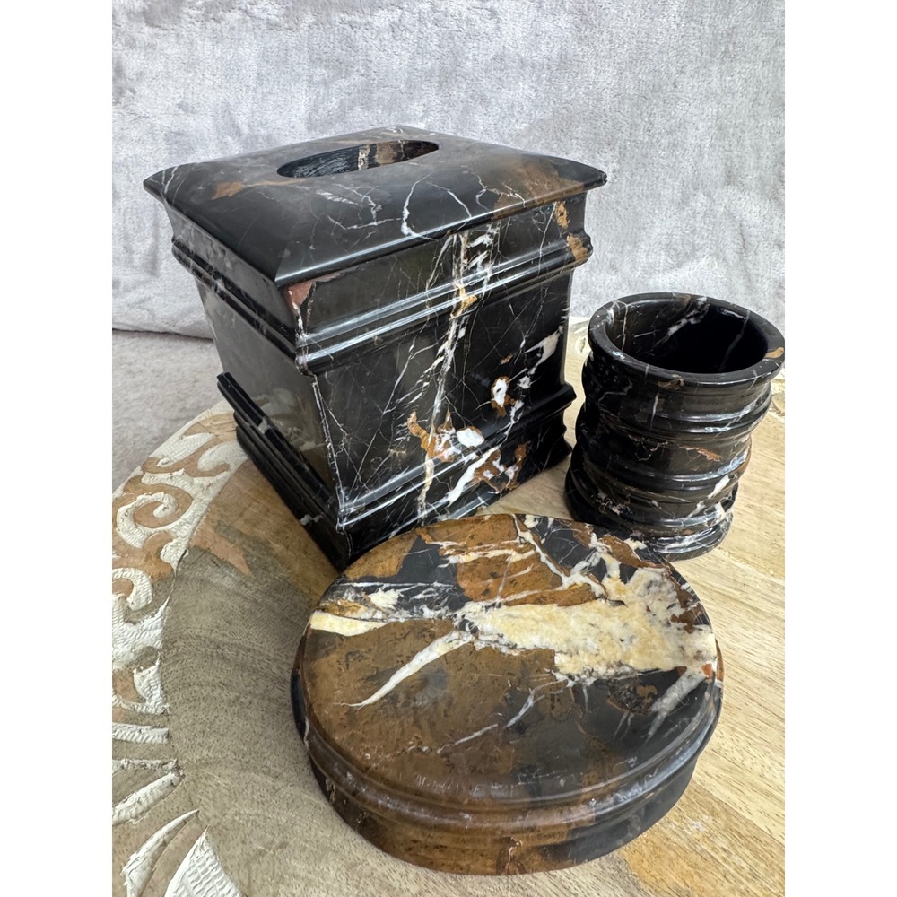 3pc Brown Marble Bathroom Accessory Set Tissue‎ Cover Tumbler Soap Dish Luxury